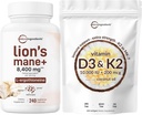 Micro ingredience Vitamin D3 10,000iu + K2 200mcg Coconut Oil Softgels & Lions Mane Dodatek 240 Veggie Kapsle Bundle 2 Balení 124; Essential Sunshine Vitamíny S124; Superfood Houba Antioxidanty s L-