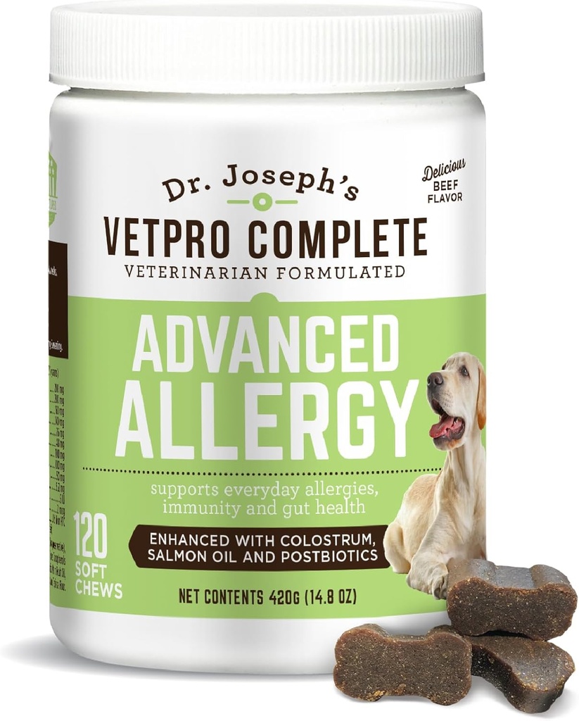 VetPro Pokročilá alergie a Itch podpora pro psy - Podporuje sezónní alergie, Itchy Skin, & Imunity - Vylepšený s lososovým olejem, Probiotika & Colostrum pro alergie, imunitní podpora, & Gut zdraví