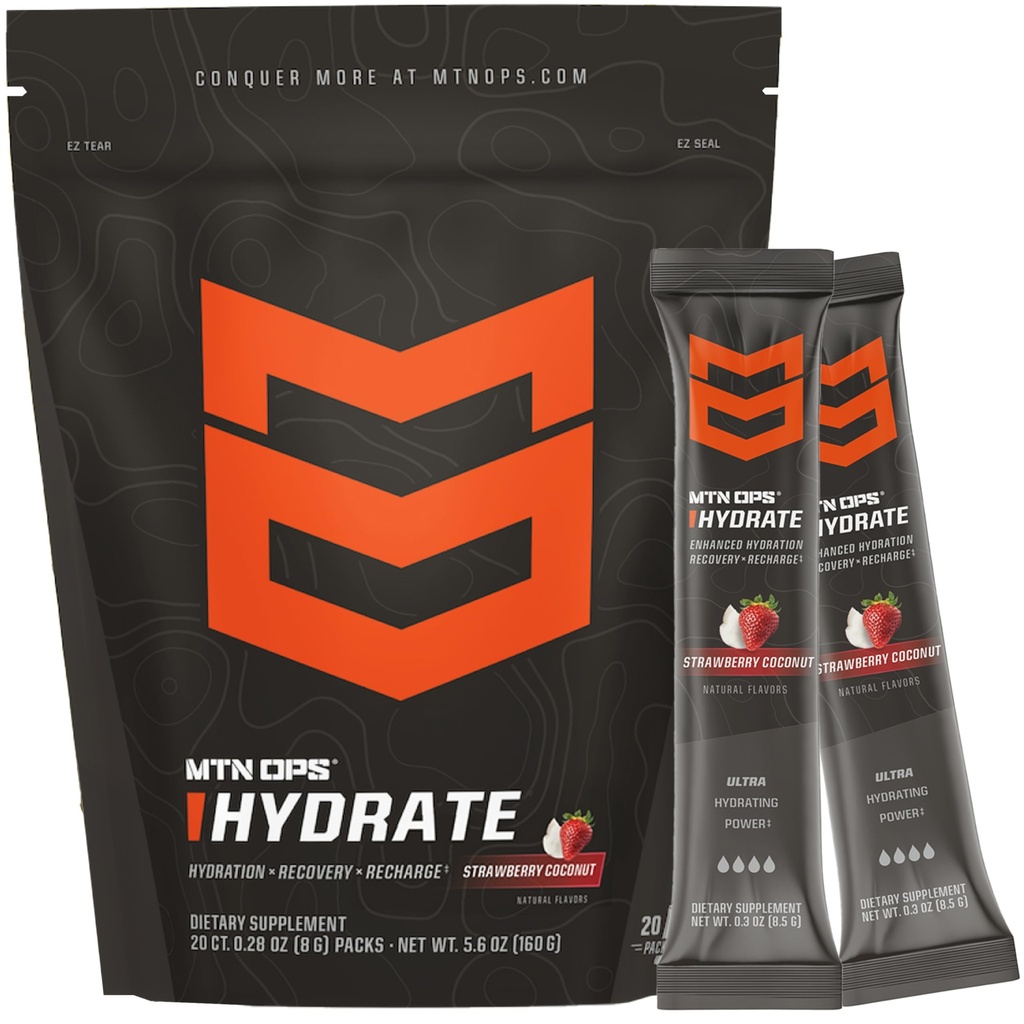 MTN OPS Hydrate Electrolytes Powder Drink Mix, 20 Single Serving On-TheGo Electrolyte Packs s více než 1000mg Electrolytes per Serving, Strawberry Coconut