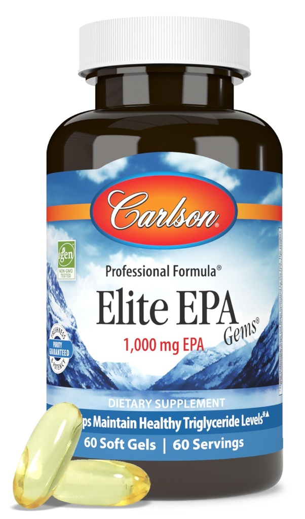 Carlson - Elite EPA Gems, 1000 mg EPA Fish Oil, Wild- Caught, Norský dodatek k rybím oleji, Udržitelně sourced, Pomáhá udržet zdravé hladiny triglyceridů, 60 Softgels