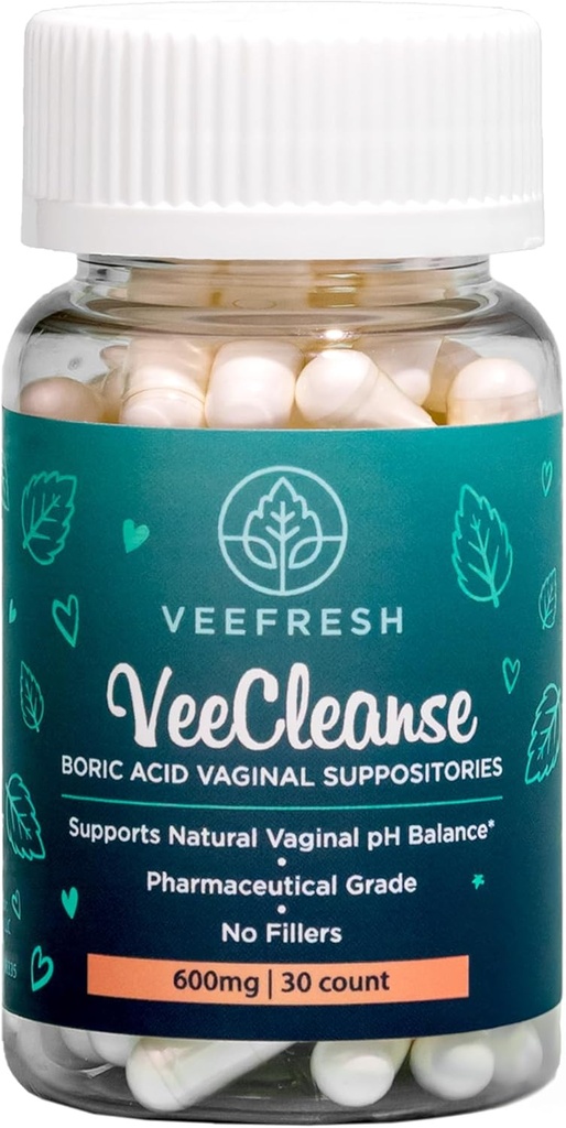 VeeFresh - VeeCleanse Boric Acid Vaginální Suppositors - Vaginální pH Balance Suppositors - Vaginální kontrola zápachu - Cítit čerstvé, feminin a sebevědomí