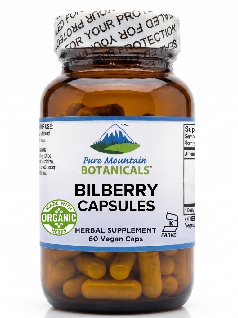 Čisté horské botaniky Bilberry Extract Dodatek Vegan Kosher Kapsle s 250mg Organic Bilberry Leaf & 50mg Potent Extract of Bilberry