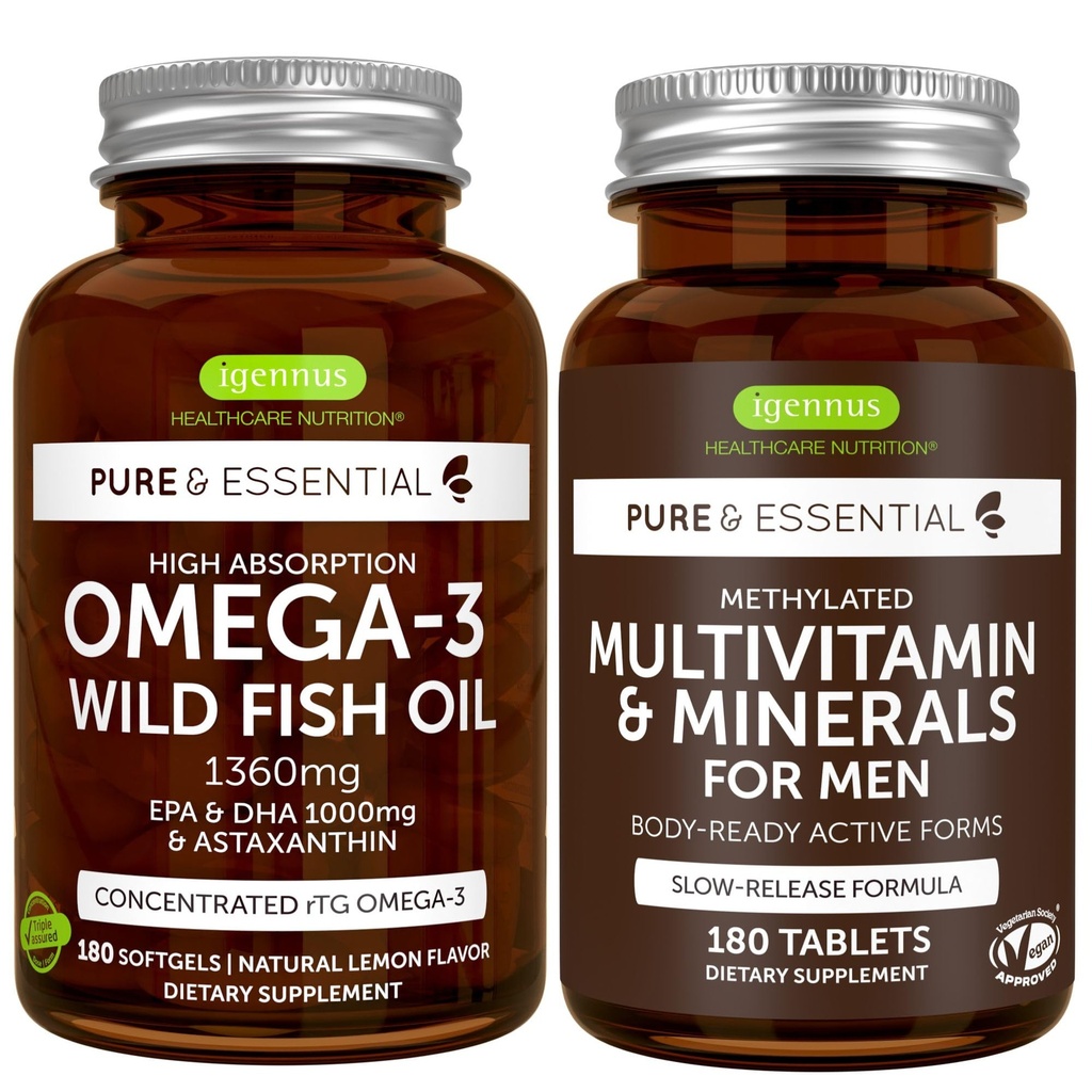 High Absorption Omega-3 Wild Fish Oil + Methyled Men 's Multivitamin Bundle, 1000mg EPA & DHA 180 Softgels + Setrvalá verze Multivitamin 180 Tablety, Igennus
