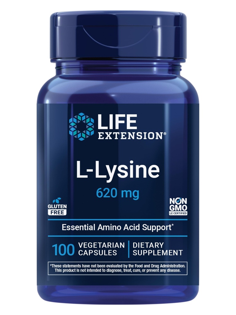 Life Extension L- Lysin, 620 mg, Essential Amino Acid for Zdravý dusík Balance, Metabolismus vápníku, Stress Response & More, Gluten- Free, Non- GMO, Vegetarian, 100 Kapsle
