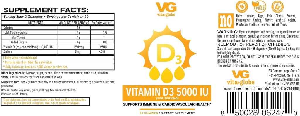 VITA GLOBE Vitamin D3 10,000IU se zinkem a Echinacea Gummy - podporuje zdravý imunitní systém, silné kosti, zuby a svaly, 120 Počet (2- Pack)