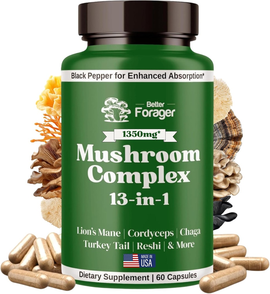 Houbové kapsle, 13-in-1 Houbový dodatek, Lví hříva, Reishi, Cordyceps, & Více, Promotes Focus, Clarity, & Paměť, Extract dodatek, 1 měsíc Dodávka, 60 Počet