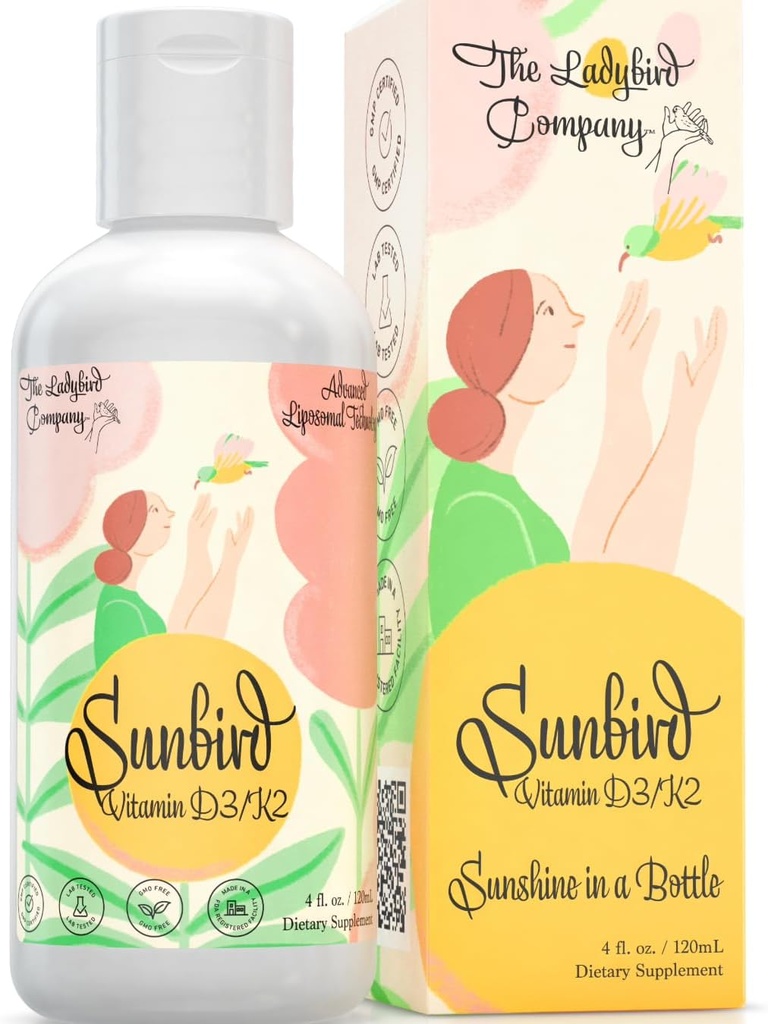 Sluneční pták Liposomální tekutý vitamin D pro ženy - Premium vitamin D3 a K2 pro menopauzu, plodnost, těhotenství a zdraví kostí - bez cukru, vegetariánské, sublingvální tekutý vitamin D3 s K2, vyrobený v USA