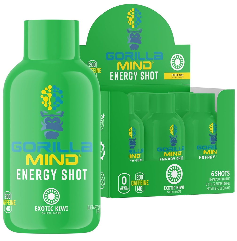 Gorilla Mind Energy Shots (Pack of 6) - Vylepšený Focus & Energy, Sugar- Free, Fast- acting, Potent Formule s vitamíny a přírodní extracts (Exotic Kiwi)