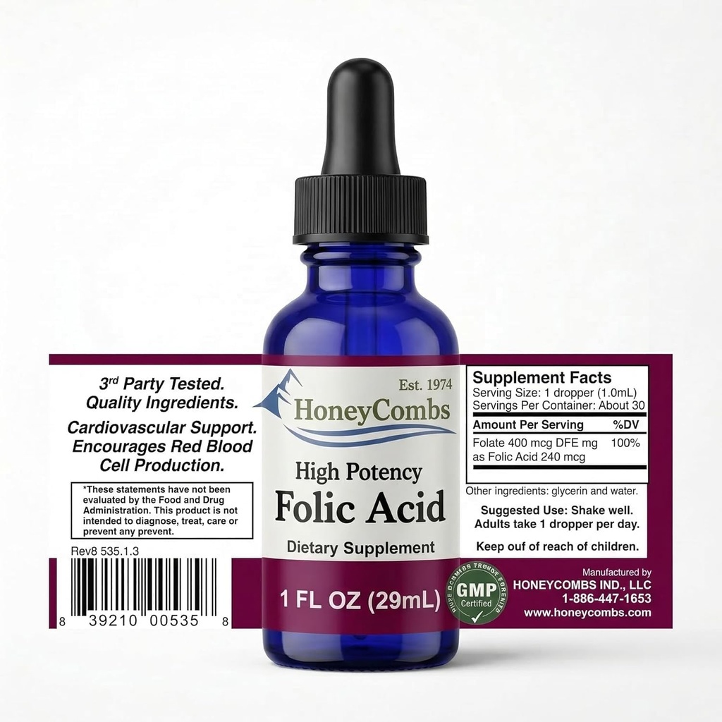 HoneyCombs Vitamin B9 Kapky tekuté - High potency Liquid Vitamin B9 Folic Acid Dodatek pro ženy - Udržovat zdravá játra, těhotenství, & celkové zdraví - Studené Pressed Vegan Vitamíny Kapky (1 Fl oz)