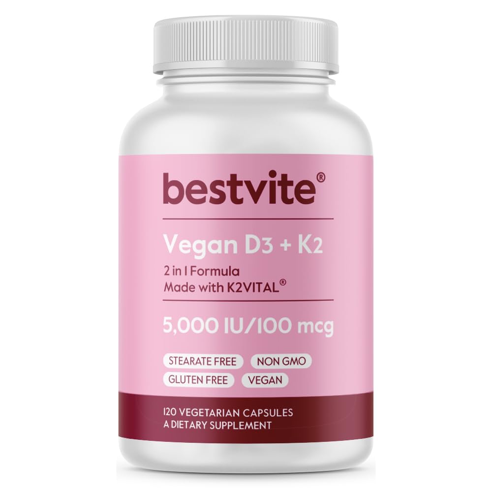 BESTVITE Vegan Vitamin D3 5000 IU + Vitamin K2 100 mcg jako MK- 7 (120 Vegetariánských kapslí) - No Stearates - Vegan - Non GMO - Gluten Free