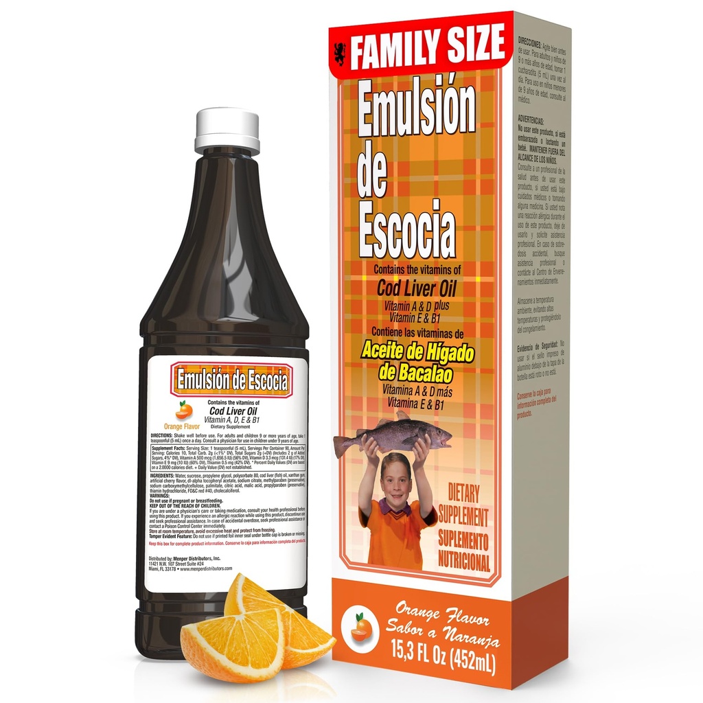 EMULSION DE ESCOCIA Cod Jaterní olej, dodatek stravy, vitaminy A, B1, D a E, Podpora imunitního systému, Orange Flavor (15.3 Fl Oz / balení po 1)
