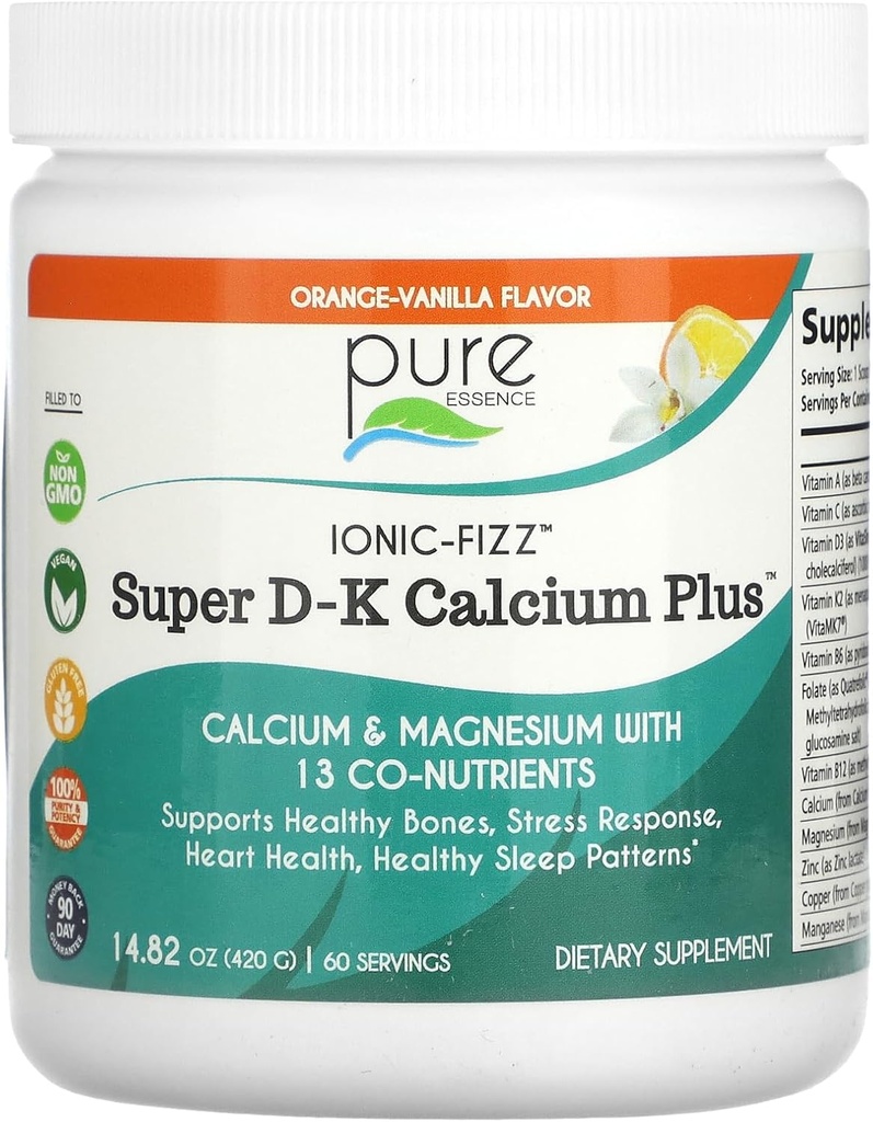Iontový fizz Super D- K vápník Plus podle čisté esence - s extra hořčík, vitamin D3, vitamin K2 - Orange Vanilla - 14.82oz
