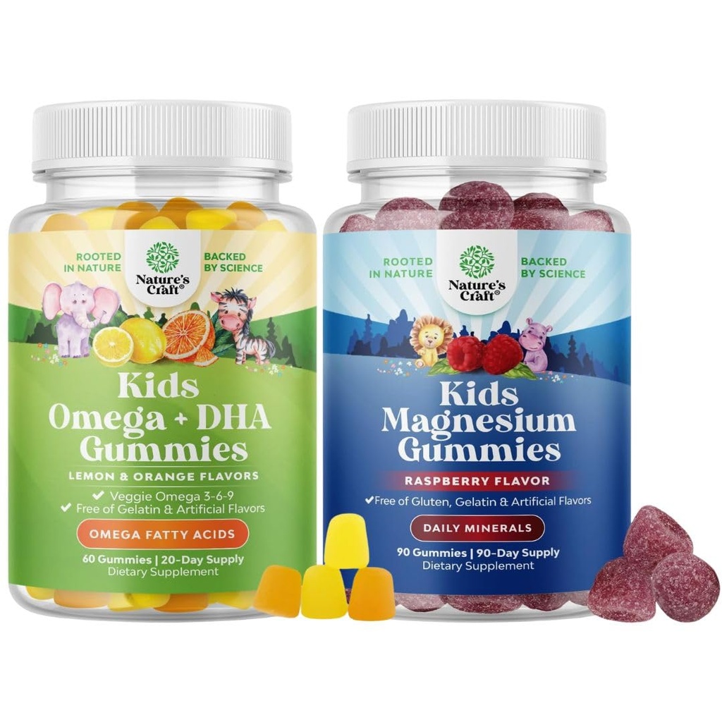 Bundle Omega DHA Gummies for Kids - mastné kyseliny Omega 3 6 9 s vitamínem C pro mozek, imunitu a vizi a děti Magnesium Gummies - Mag Citrát pro nervové zdravotní svaly a zdravou podporu srdce