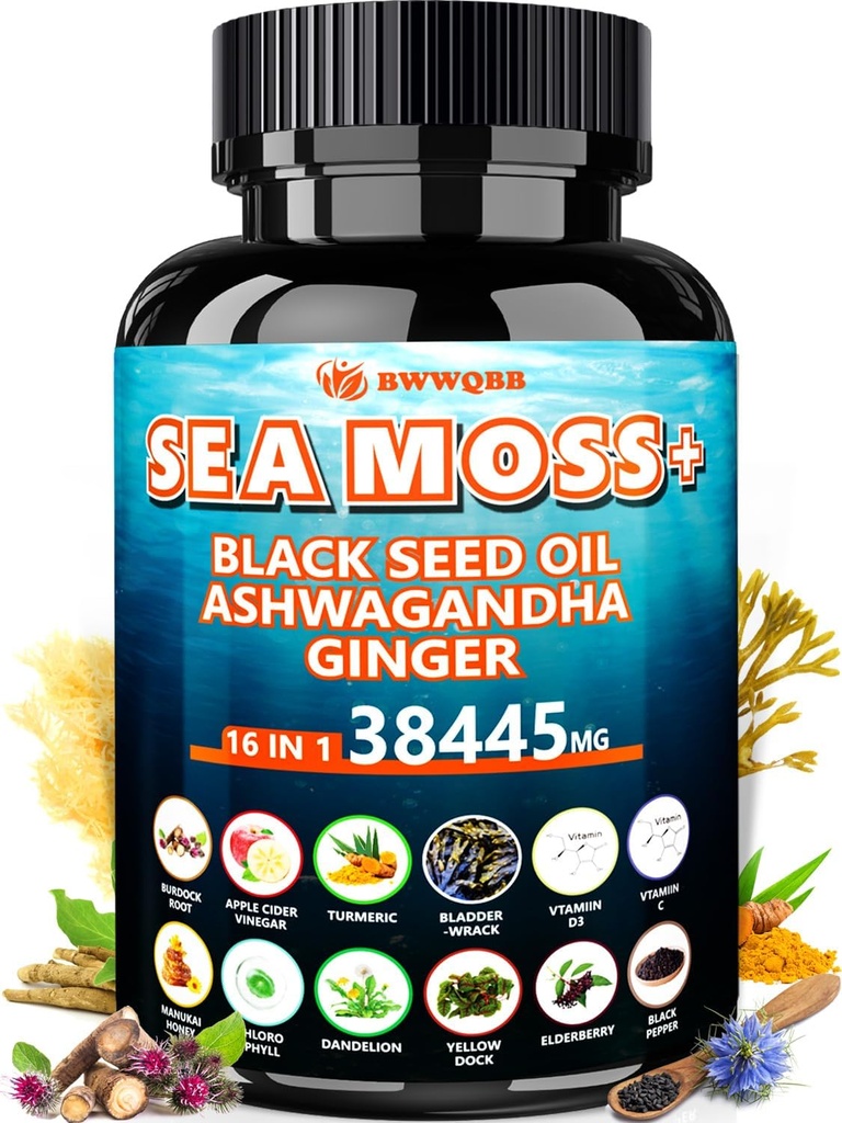 Sea Moss 350mg Black Seed Oil 200mg Ashwagandha 100mg Turmeric 100mg Bladderwrack 100mg Burdock 100mg, All- in-1 Moss Capsules- 60 Počet
