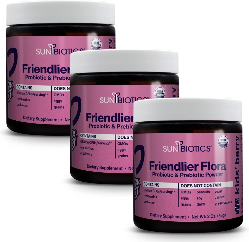 SUNBIOTIC Friendlier Flora - Dětský Prebiotický a Probiotický Powder Dodatek s 5 Miliony CFU 5 Probiotických proužků pro Good Gut Flora, imunitní systém, & vyvážený mikrobiom - Berry, (Balení 3)