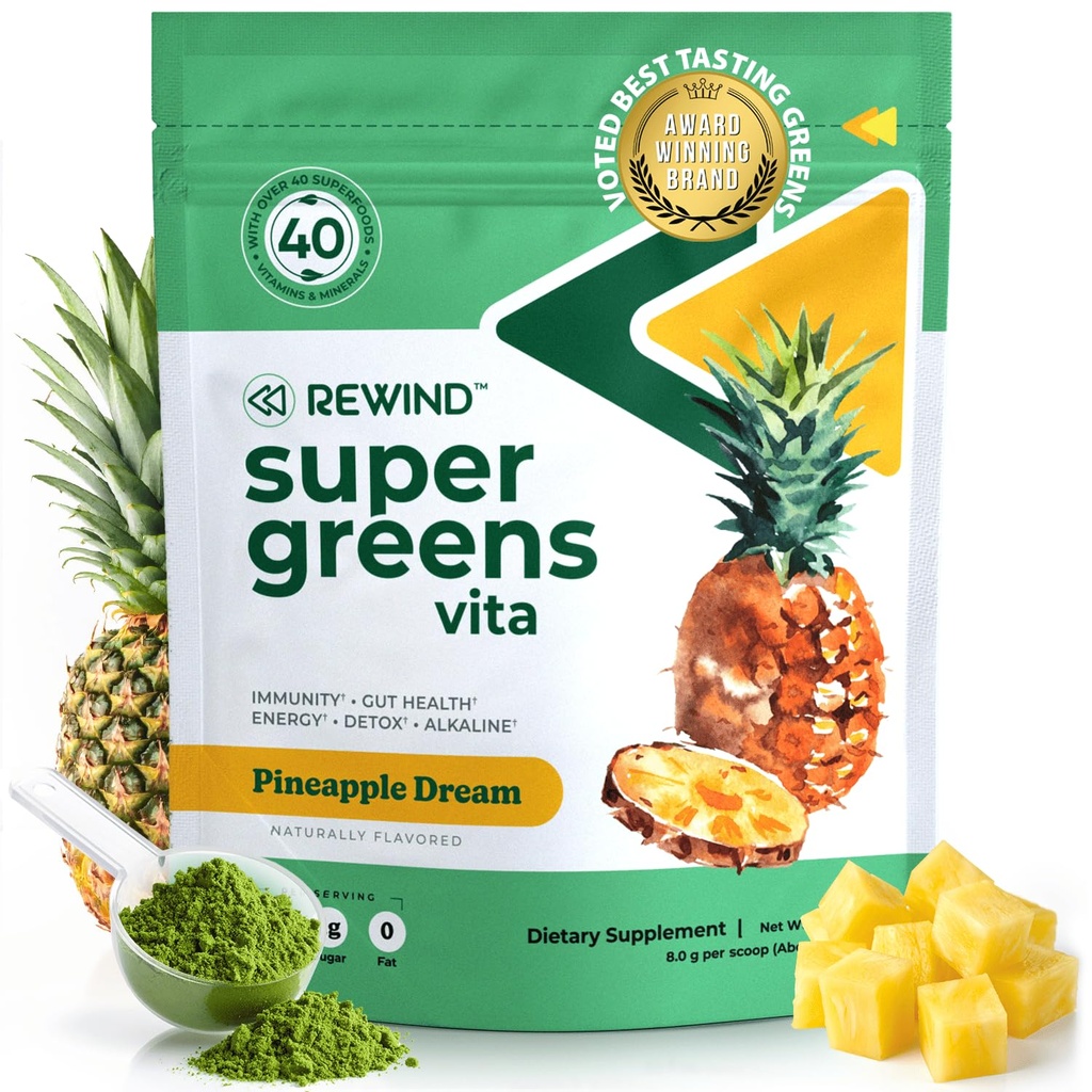 Nejlepší Ochutnávání Super Zelený Powder s 40 + Superfoods - Delicious Daily Green Powder s vitaminem B12, zinek, vitamín C, hořčík & vápník - Zelená šťáva Superfoods Mix - Ananas Flavor