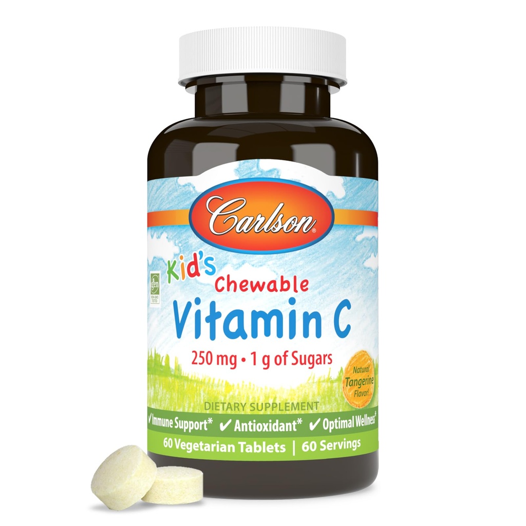 Carlson - Kid 's Chewable Vitamin C, 250 mg, 1 g cukru, imunitní podpora a optimální Wellness, Antioxidant, Tangerine, 60 Vegetariánských tablet