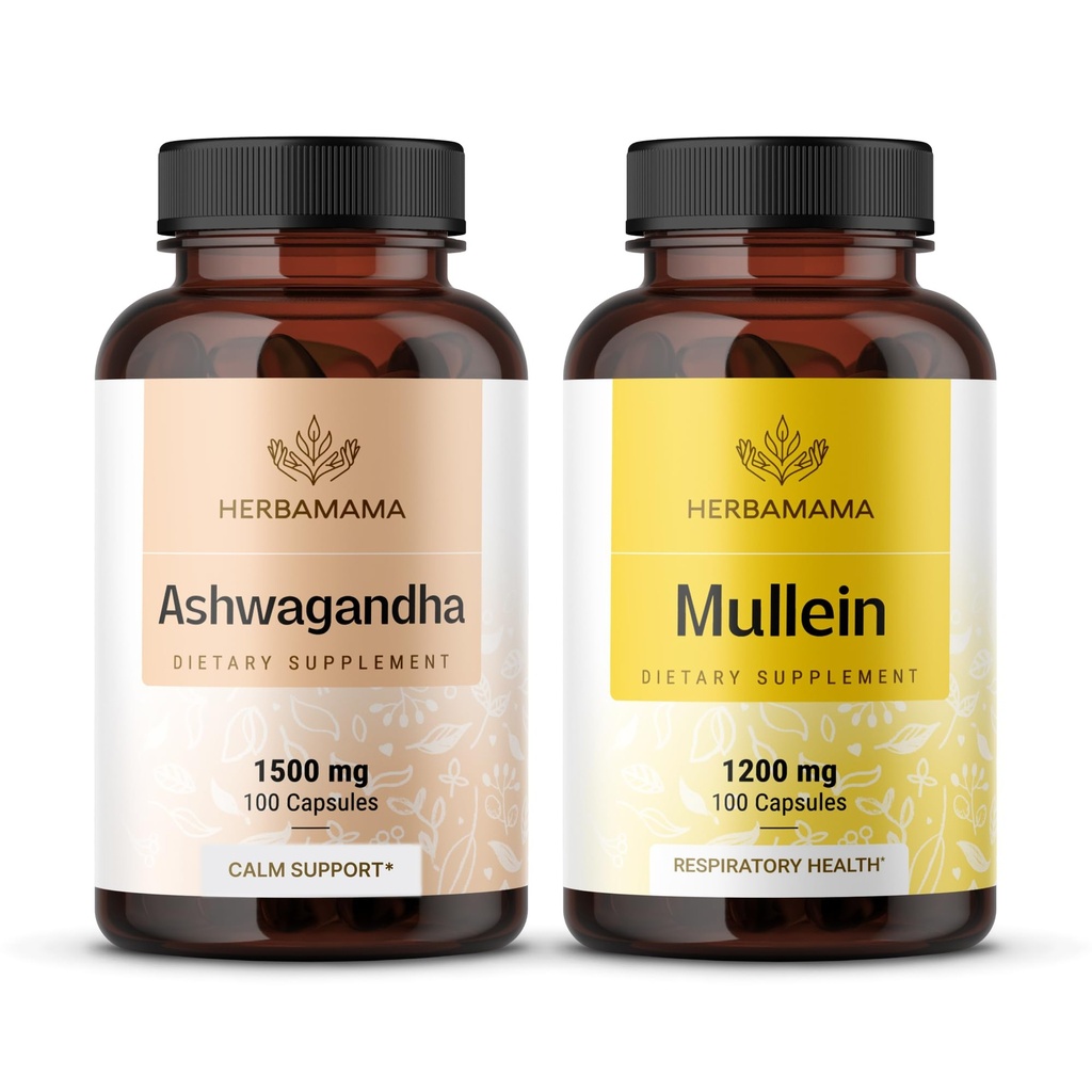 HERBAMAMA Ashwagandha and Mullein Kit - Bundle of 1500 mg Ashwagandha Root & 1200 mg Mullein Leaf Capsules 100 Caps - Vegan, Non- GMO, Sugar & Alcohol- Free - 2 Pack