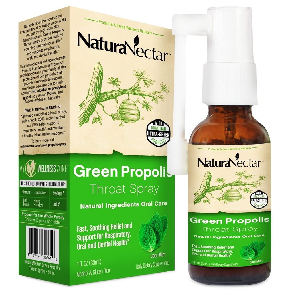 NaturaNectar - Green Propolis Krční sprej - Unikátní, uklidňující péče o hrdlo s Brazilskou Bee Propolis - Přírodní a non-alkoholické Krční péče Formule z udržitelné včelařství (1- Pack, 30ml)