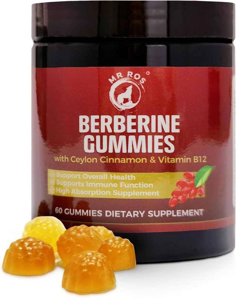 Premium Berberine Gummies 1500mg - Sugar- Free Metabolism Support with Ceylon Cinnamon, Chrom, Magnesium, Zinek & B12-60 Count