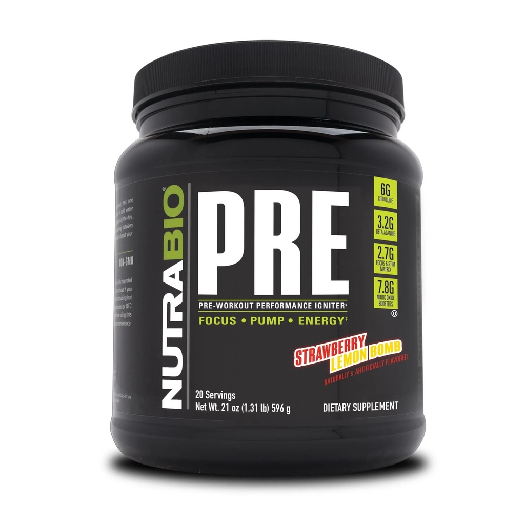 NutraBio PRE Workout Powder - Old Authorisa- Setrvalá energie, Mental Focus, Endurance - Beta Alanin, Creatine, Caffeine, Electrolytes - 20 Servings - Jahodová Lemonová bomba