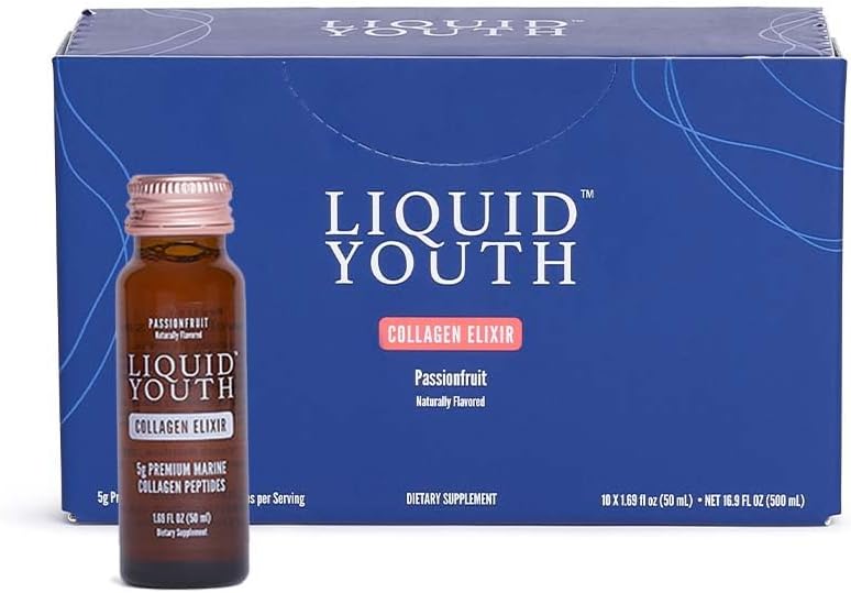 Liquid Collagen Elixir Shot pro ženy a muže - Premium Liquid Marine Collagen pro růst vlasů, kůže, hřebík, kosti a společné zdraví - Cestování-Friendly (Vášeň ovoce, 10 Služebnictví Per Box)