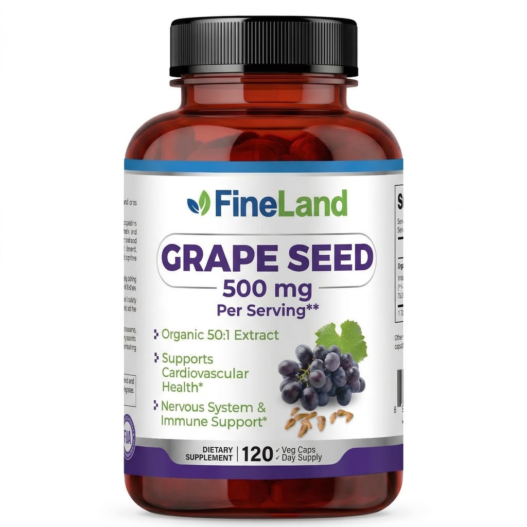 FineLand Grape Seed Extract 50: 1 - 25,000mg Ekvivalentní na kapslí - 120 Vegan Kapsle - Bohaté na antioxidanty cr124; Heart, Immunication & Circulation Support - Non- GMO cr124; Made in USA