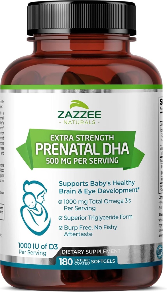 Zazzee Extra Strength Prenatal DHA 500 mg, 180 Enteric Coated Softgels, 1000 mg Omega 3 's, 1000 UI Vitamin D3, Burp Free, No Fishy After taste, Superior Triglyceride Form, Čištěný hlubokomořský rybí olej