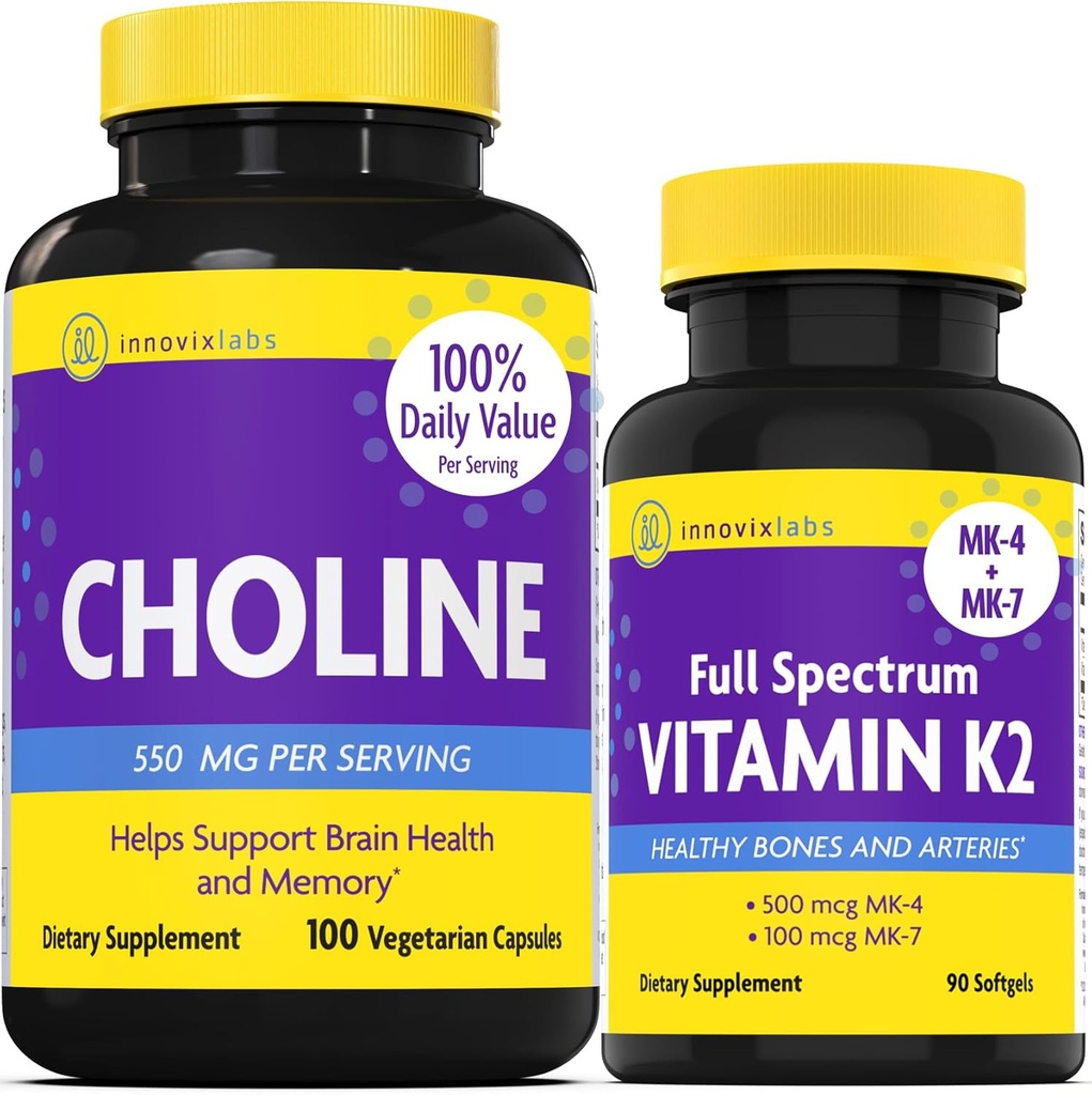 InnovixLabs Cholin & Vitamin K2 Bundle Cholin Bitartate 550mg (100 tobolek) Podporuje paměť, nálada, zdraví mozku a posílení vědomí. *