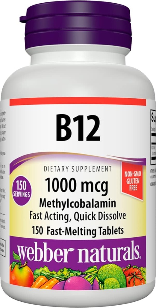 Webber Naturals Vitamin B12 1000 mcg, 150 Počet, Rychlé rozpuštění tablety, Vitamin dodatek Podpora pro energetický metabolismus, imunitní a srdeční zdraví, Vegetariánská Formule, 150 Den Dodávka