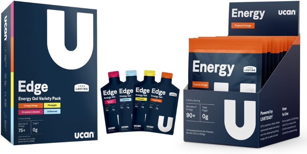 UCAN Training Starter Pack, Edge Energy Gel Variety Pack, Energy Powder Tropical Orange, Pre & Post cvičení pro muže a ženy 124; Vegan, Keto Friendly