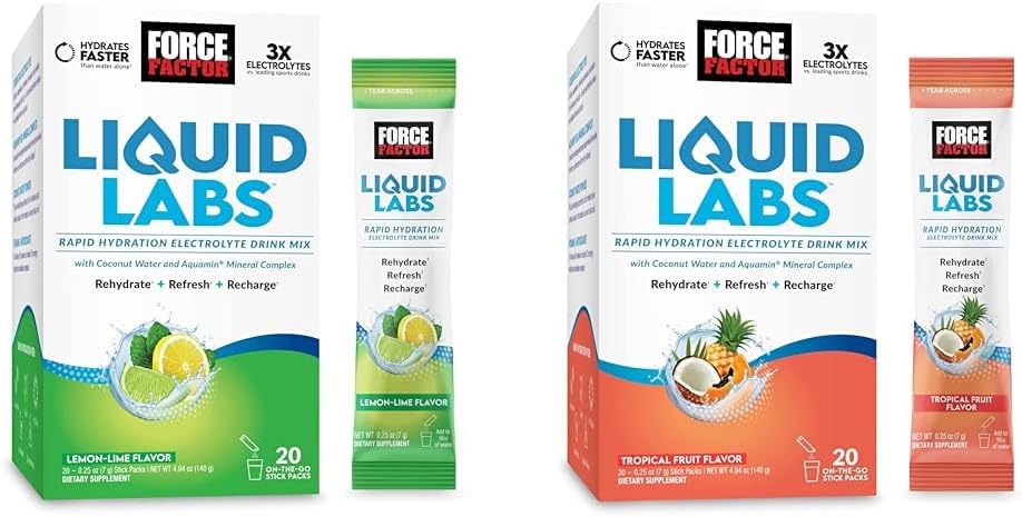 Balení FORCE FACTOR Liquid Labs Electrolytes Powder, Hydratační balíčky pro výrobu elektrolytové vody s vitamíny, minerály a antioxidanty. Lemon-Lime Flavor + Tropické ovoce Flavor, 40 Stick Balení
