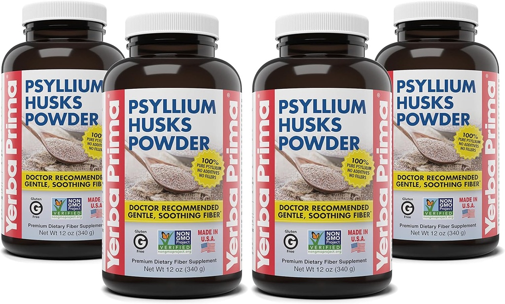 Yerba Prima Psyllium Husks Powder - 12 oz (balení po 4) - Přírodní Vláknina dodatek - Colon Cleanse - Gut Health - Vegan, Non- GMO, gluten- Free (New Label - Balení May Vars)