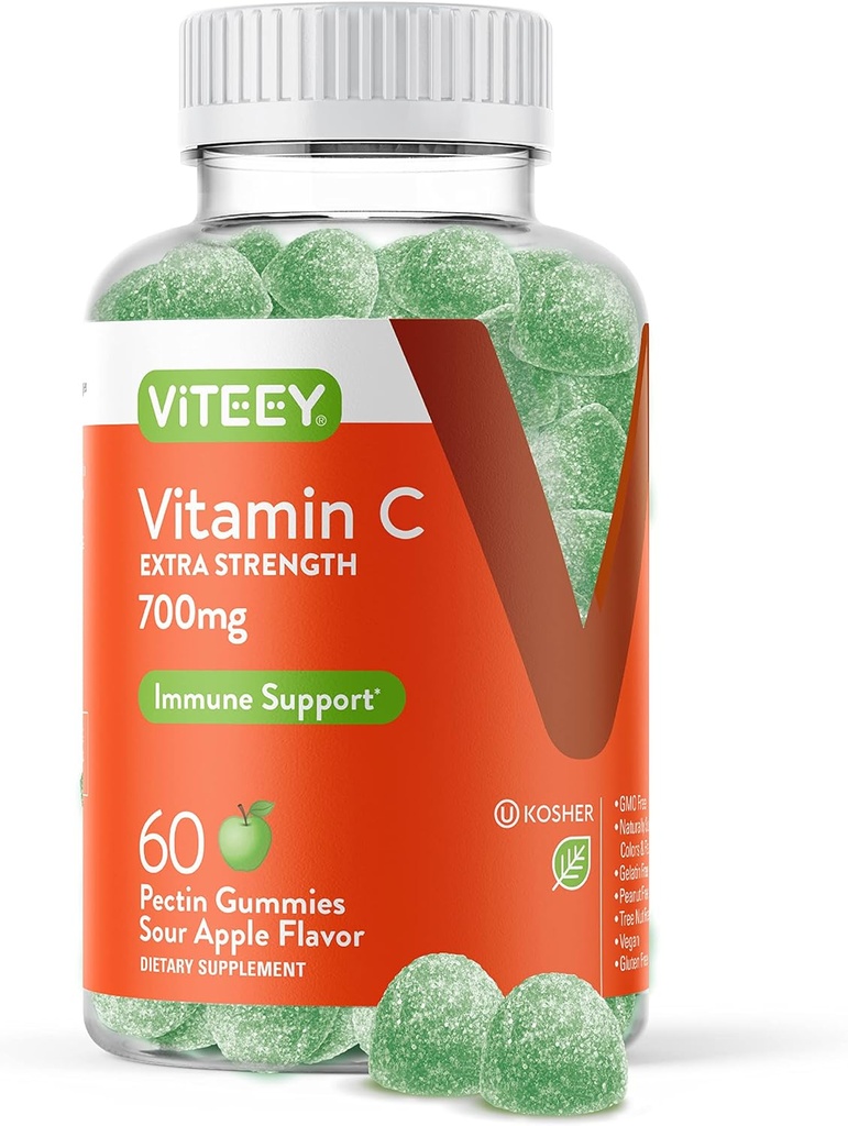 Viteey Chewable Vitamin C Gummies pro dospělé - 700mg Extra Silní Imunitní Supplement - Vegan, Gluten Free - 60 Počet