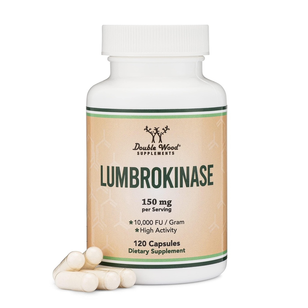 Lumbrokináza Enzymy Dodatek - 120 Kapsle (Max Activity 10.000 FU / Gram) 150mg na servírování (No Fillers, Non-GMO, gluten zdarma) pro kardiovaskulární a krevní cirkulační podporu Double Wood
