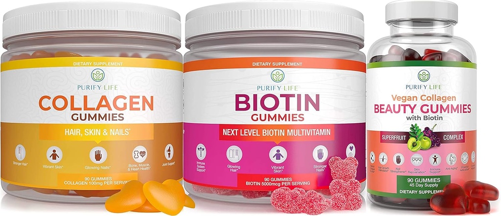Očistěte život mořský kolagen, Biotin, & Vegan Collagen Bundle, Žvýkačky pro vlasy kůže a nehtů (Bulk - 90 Žvýkačky), společná péče vitamin, imunitní podpora, Krása, Detox & Cleanse, Náhradní kapsle, pilulky