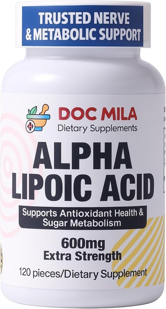 Alpha Lipoic Acid 600mg 120 Kaplet - Nerve Sciatica Periferní neuropatie Podpora - Gluten Free, Vegan & Non- GMO pro dospělé
