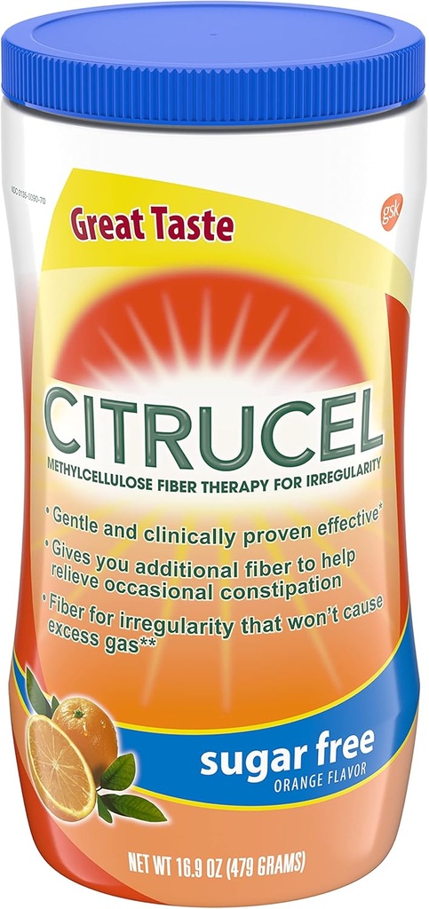 Citrucel Cukr Oranžový Oranžový Ochuť Methylcelulosa Fiber Therapy Powder for Regularity, 16.9 unce, balení po 4 ks