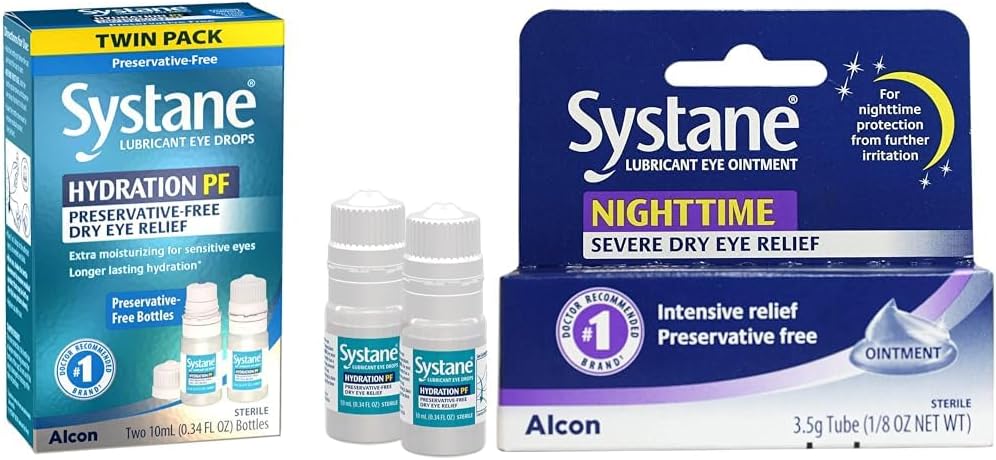 Hydratace Systanem Multi- Dose Preservative- Free Oční kapky Sucho Oko Relief Twin Pack (2x10ml) & Nighttime Lubricant Eye Matrice 3.5g Tube