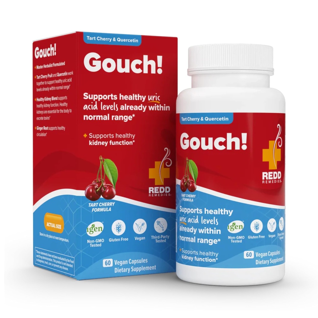 Redd Remedies, Gouch!, Supplement Support for Joints and Uric Acid Levels, Povzbuzuje zdravou zánětlivou reakci, Tart Cherry & Quercetin, 60 Vegan Kapsle