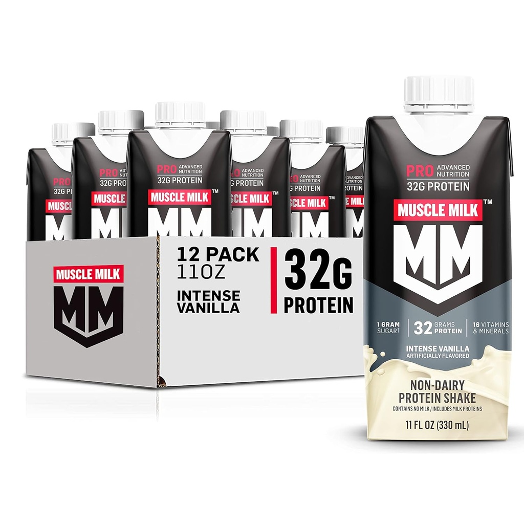 Muscle Milk Pro Advanced Nutrition Protein Shake, Intense Vanilla, 11 Fl Oz Carton, 12 Pack, 32g Protein, 1g Cukr, 16 Vitamíny & Minerály, 5g Fiber, Recovery cvičení, Balení květen Vary
