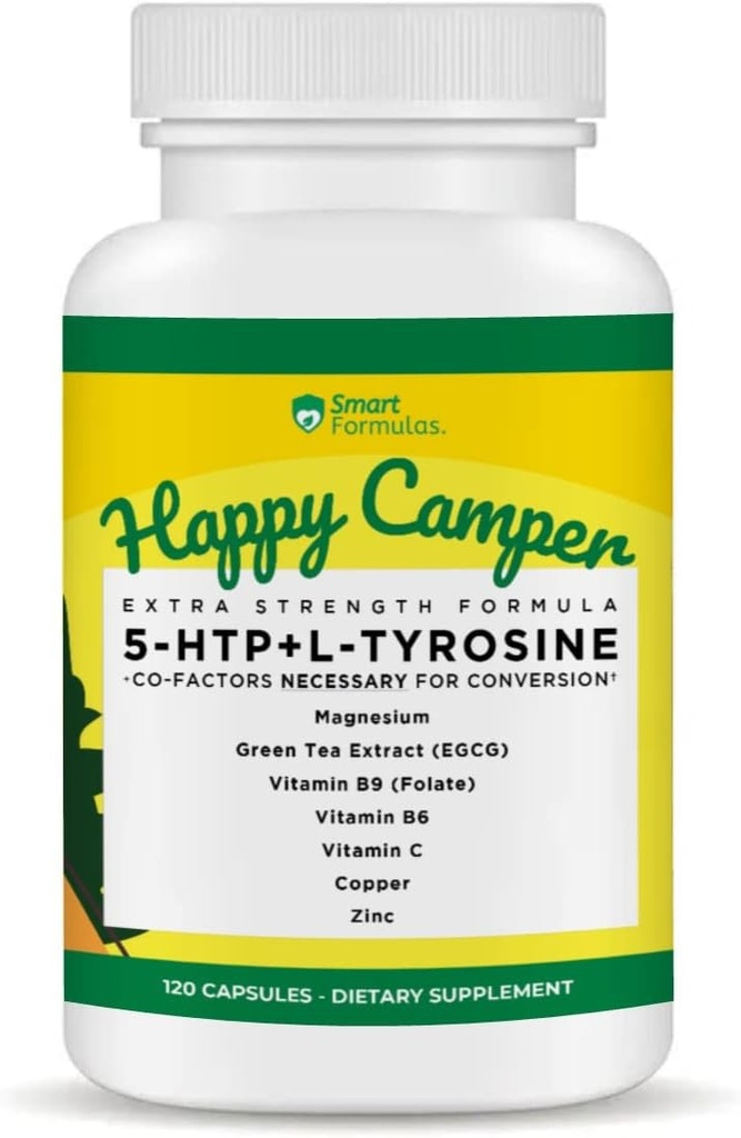 Být šťastný, 120 Vegetariánské kapsle, Serotonin a Dopamin Booster s co- faktory, 5-HTP, L-Tyrosin, hořčík, zelený čaj extrakt, měď, zinek, vitamin C, vitamin B9, vitamin B6