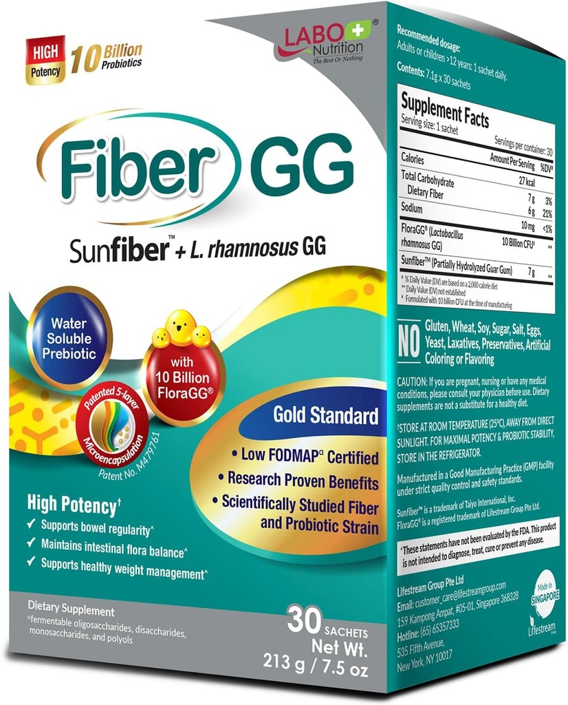 LABO Nutrition FiberGG, Lactobacillus Rhamnosus GG 10 Billion CFU Aktivní Probiotika a 7g Sunfiber Prebiotic Fiber Dodatek, Podpora zdravé střevo, imunitní zdraví, Gluten zdarma, 30 Sachets