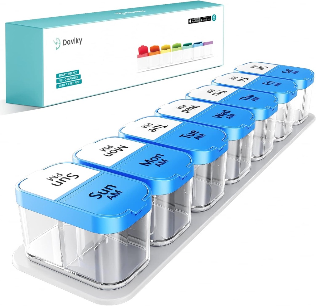 Daviky Velké Pill Organizátor 2 krát denně - XL Pill Box 7 Day, Velký Vitamin Držák se 7 Odnímatelné AM / PM Compartments, Velký dodatek Kontejner pro týdenní nebo denní použití (modrá)
