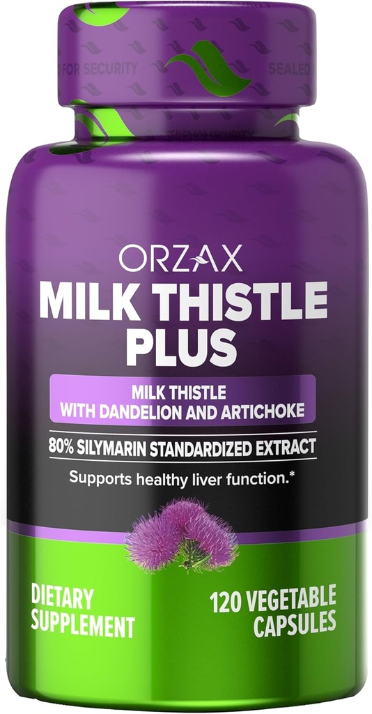 ORZAX Mléko Thistle 250 mg - Podpora detoxu a oprav jater - Bylinný dodatek - 80% Standardizovaný Silymarin, Pampeliška Kořenová a Artyčoková Extrakt - Vegan & Non- GMO - 120 Kapsle - 120 Day Supply