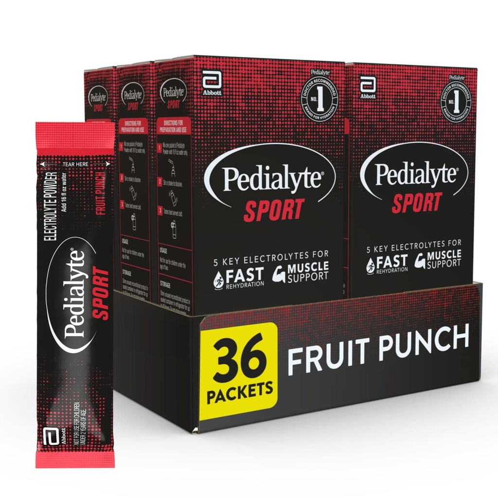 Pedialyte Sport Electrolyte Powder, Rychlá hydratace s 5 klíčovými elektrolyty pro podporu svalů před, během, & Po cvičení, ovocný punč, 0.49 Oz Sachets 6 Počet (balení po 6)
