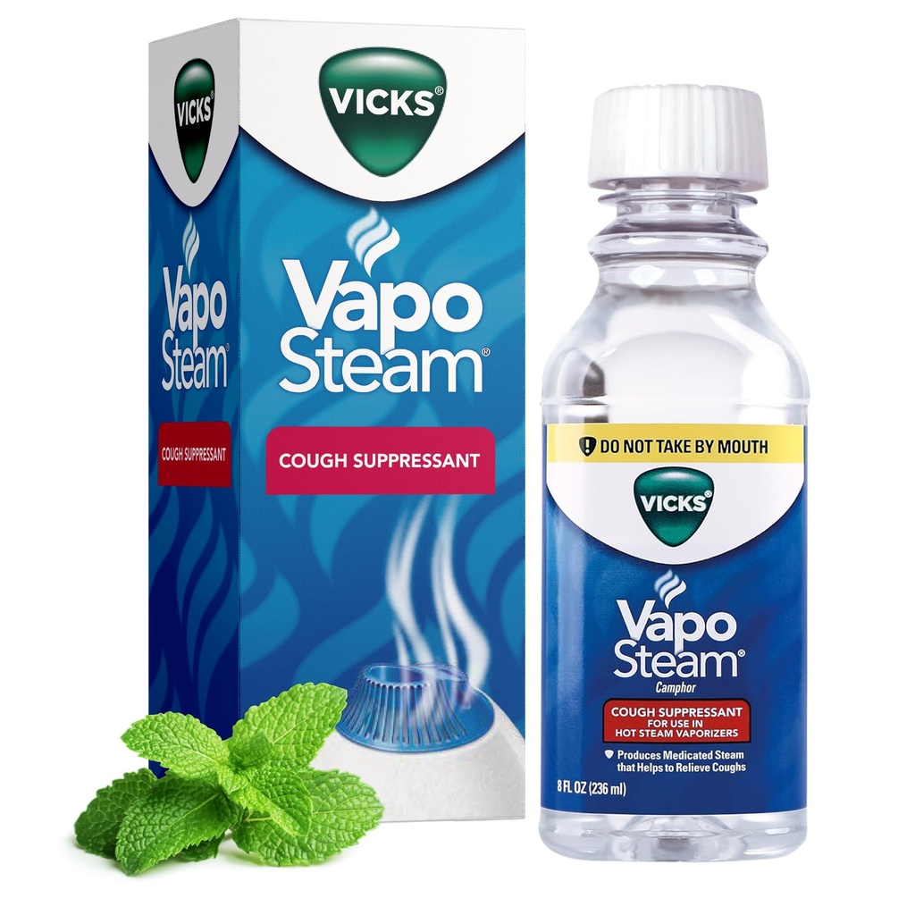 Vicks VapoSteam Medicated Liquid with Camphor, a Cough Conpressant, Helps Relieve Coughing, for Use in Vicks Vaporizers and Humidifiers, 8 Oz