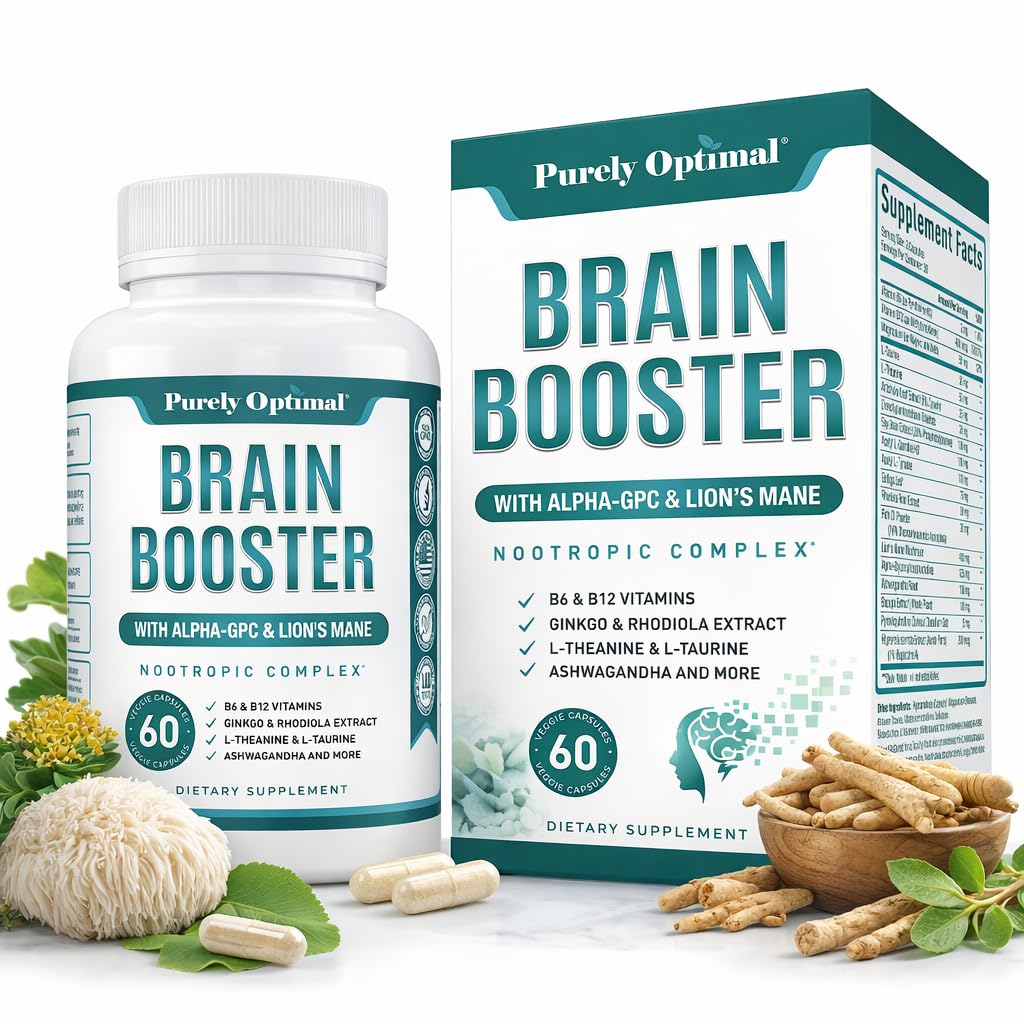 Čistě Optimální mozkový booster Nootropní dodatek - Podpora mozku pro paměť, zaměření, Clarity, Jitter- Free Energy pro dospělé, Senior- s Ginkgo Biloba, Alpha GPC, Lví hříva - 60 Kapsle