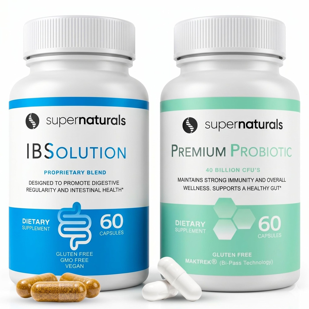 IBSolution Gut Health Bundle - Všechny přírodní Gut Zdravotní podpora & Premium Probiotika w / 40 Miliardy CFU pro podporu nepravidelných Bowels, Bloating, zácpa, plyn, bolesti břicha - 2 balení (120 Caps)