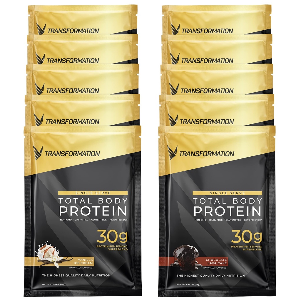 Transformační protein Super Blend blend 124; Vejce bílá, kolagen peptidy, a rostlinné bílkoviny 124; 15 Miliardy CFU Probiotika 124; Digestive Enzymes CF124; MCT Oil 124; Low Carb Shake pro muže a ženy 124; Variety, 10 Pack